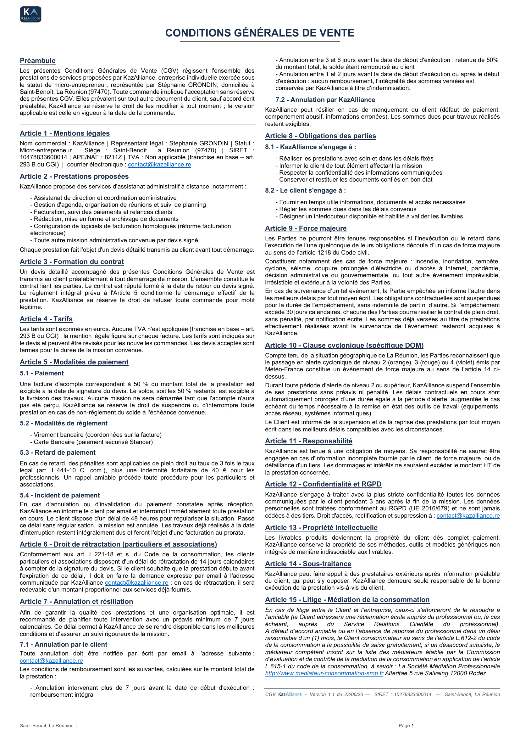 Conditions Générales de Vente KazAlliance
